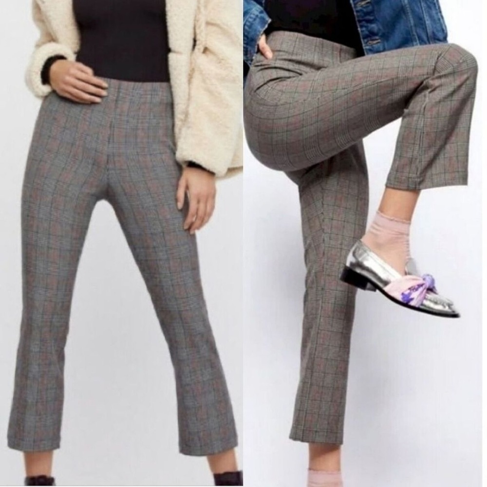 Free People Kick Flare Plaid Cropped High Rise Gray Trouser Pants Plaid Office - Picture 4 of 14